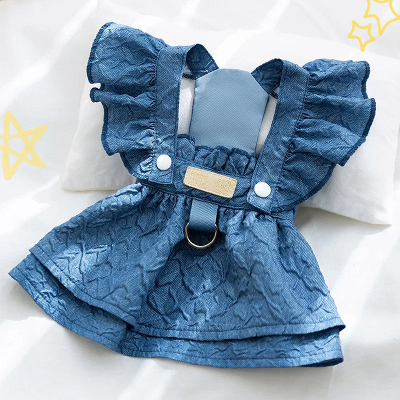 Hoopreety Denim Dog Dresses With Leash Ring Flying Sleeves