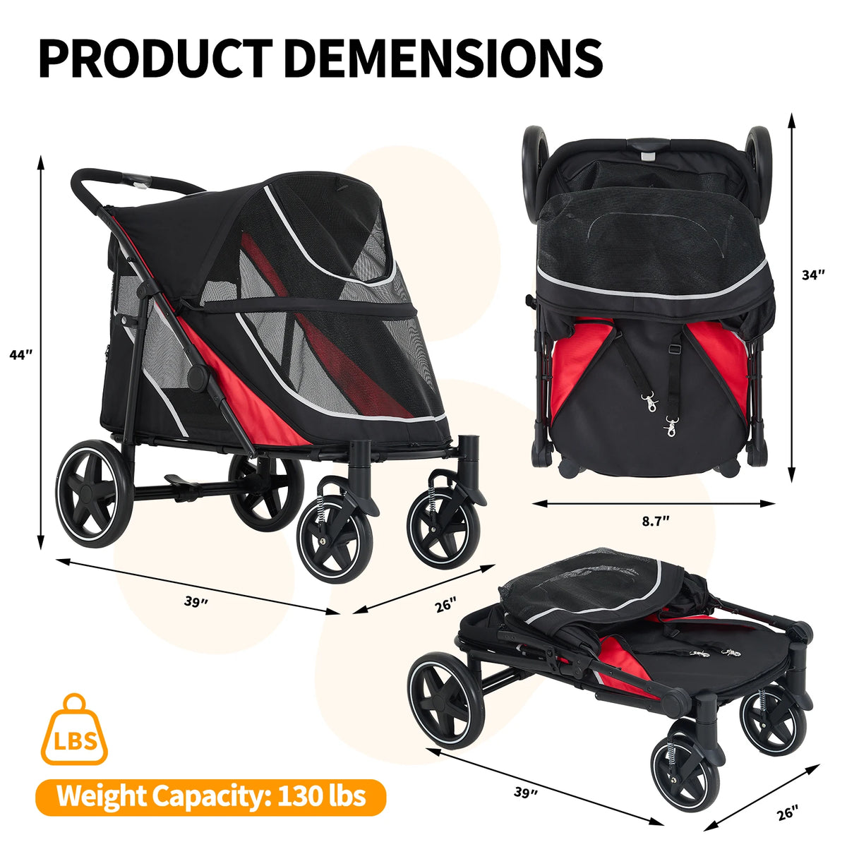 Foldable Pet Stroller for Large and Medium Dogs with Canopy