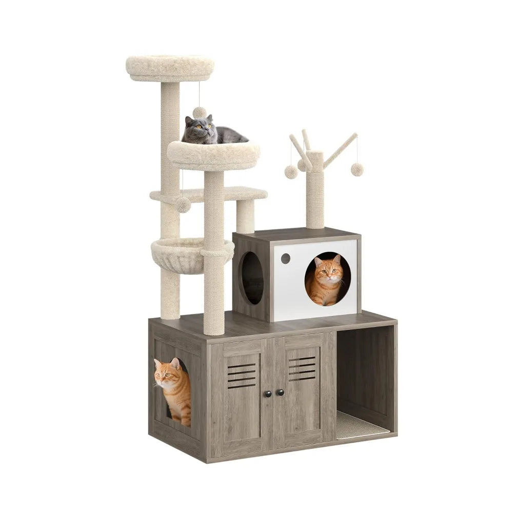 Modern Cat Tower With Hidden Litter Box Cabinet And Perches