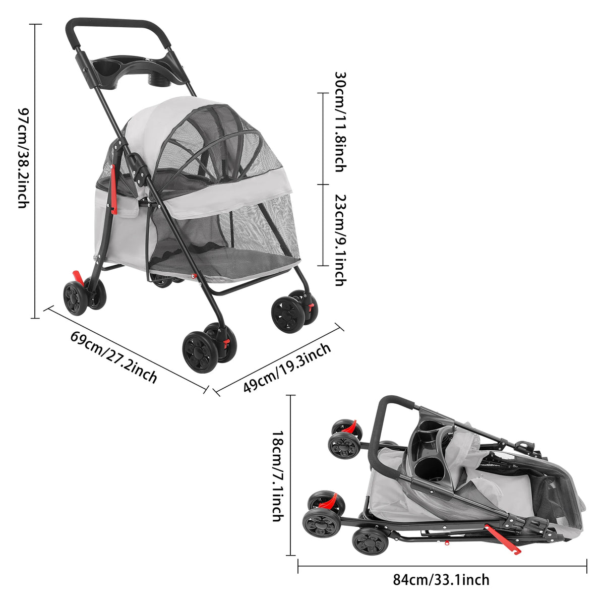 Bymaocar Foldable Dog and Cat Pet Stroller Travel Cart