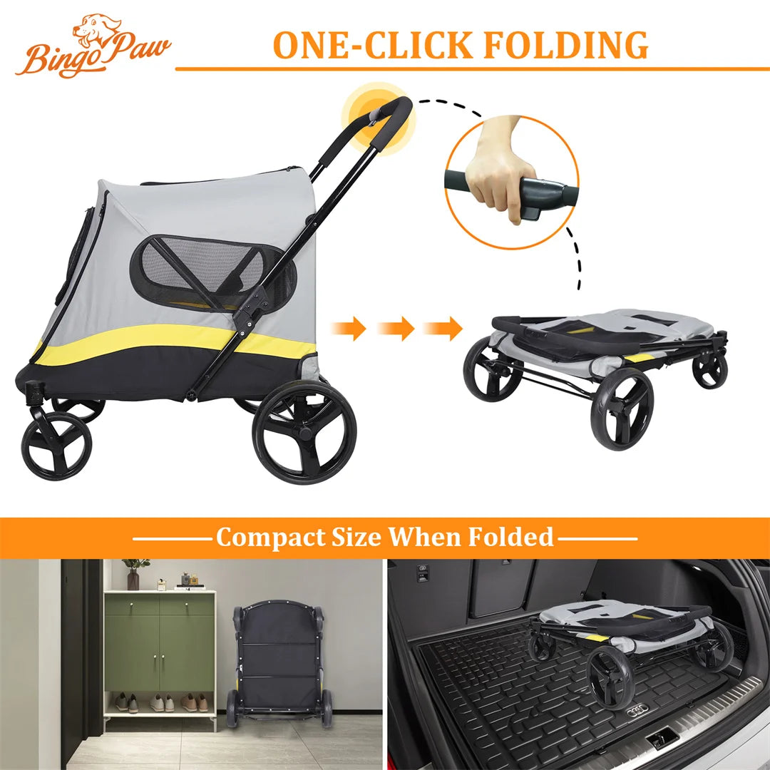 Foldable Dog Stroller With 4 Heavy Wheels Rainproof Cover