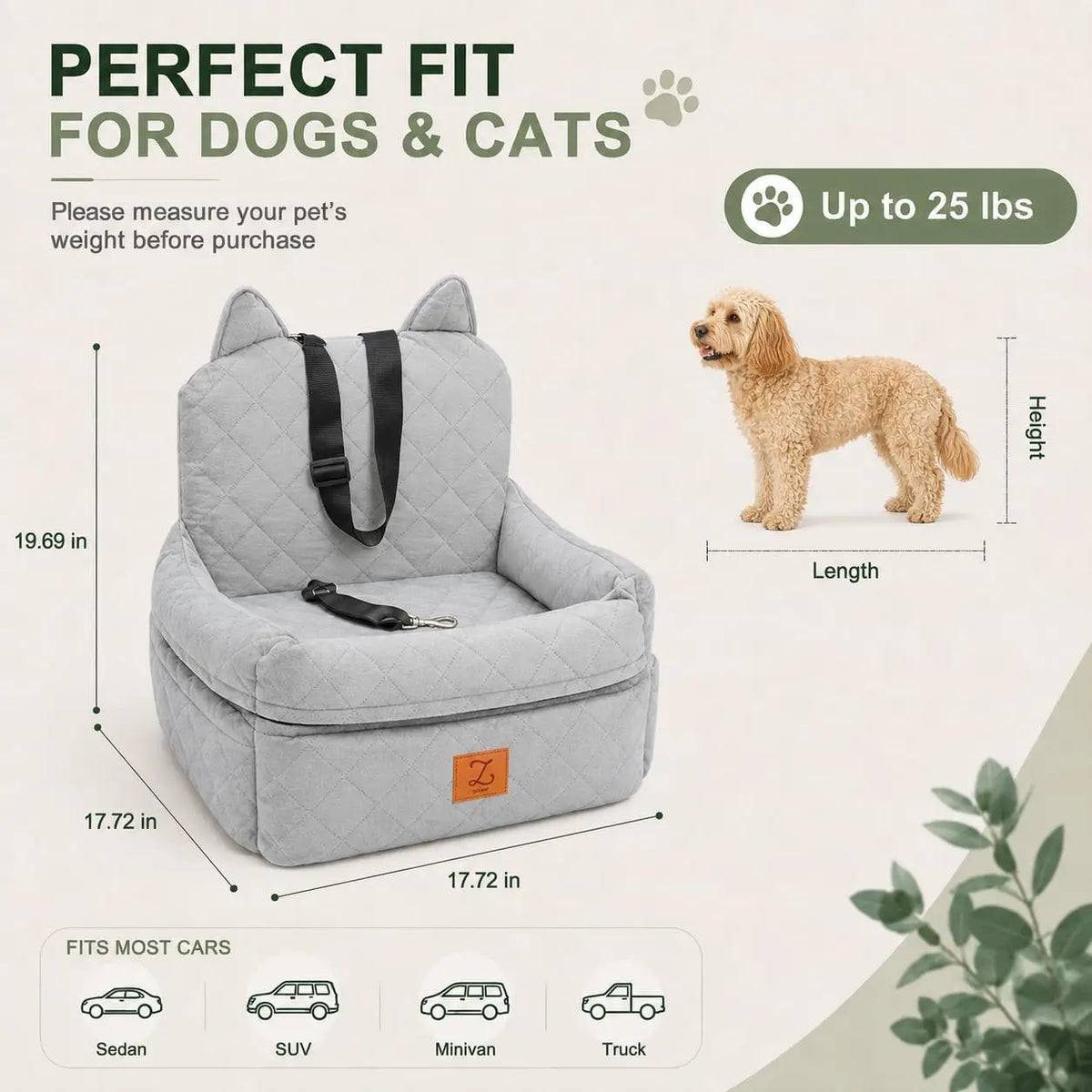 Dog Car Seat Booster With Safety Belt And Washable Cover