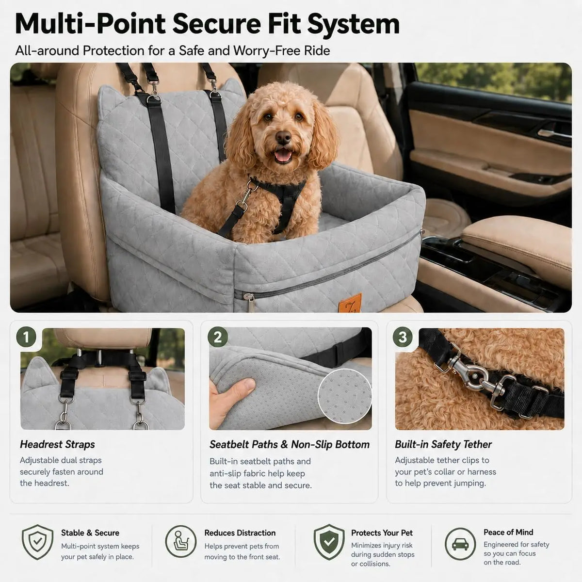 Dog Car Seat Booster With Safety Belt And Washable Cover