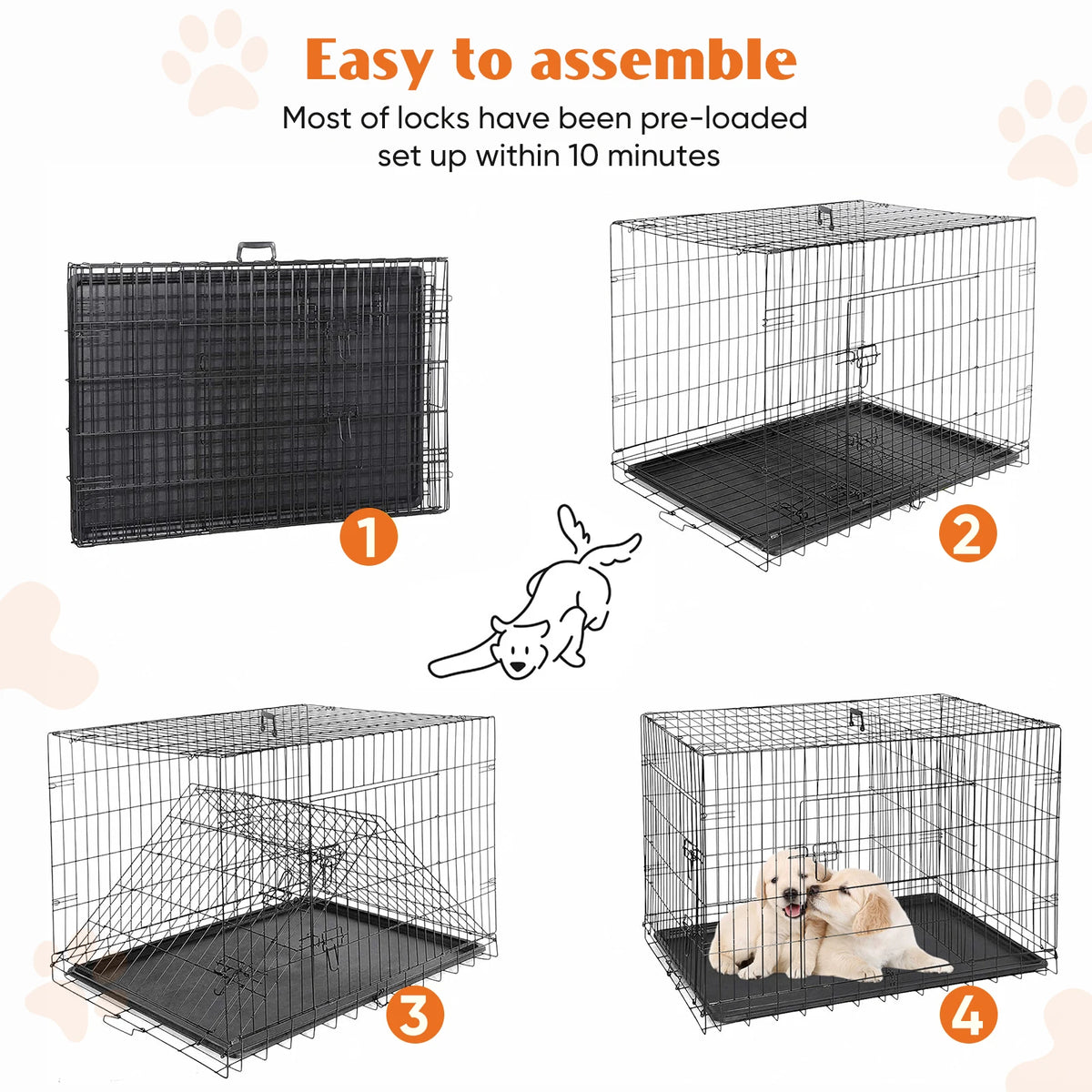 JHK Folding Metal Wire Dog Crate With Leakproof Pan Tray