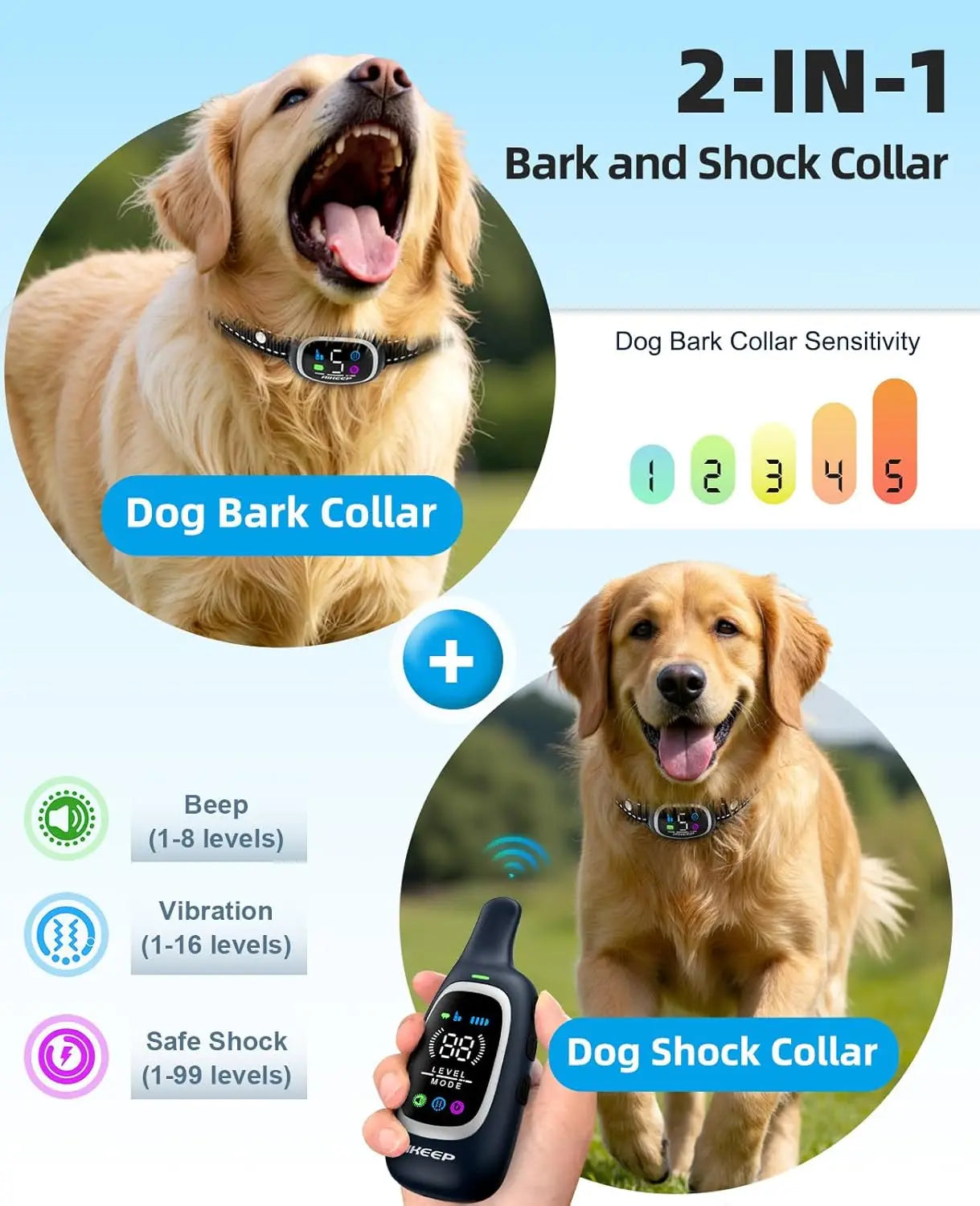 XMSJ 2in1 Dog Shock Bark Collar With Remote Training