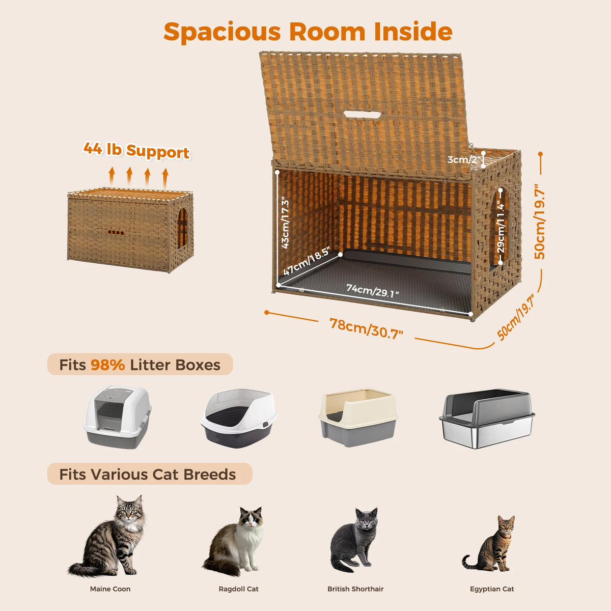 PEQULTI Rattan Cat Litter Box Enclosure with Flip Up Door