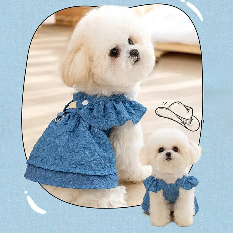 Hoopreety Denim Dog Dresses With Leash Ring Flying Sleeves