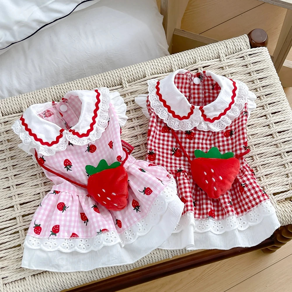 Elfidog Strawberry Dog Dress Cute Summer Plaid Apparel