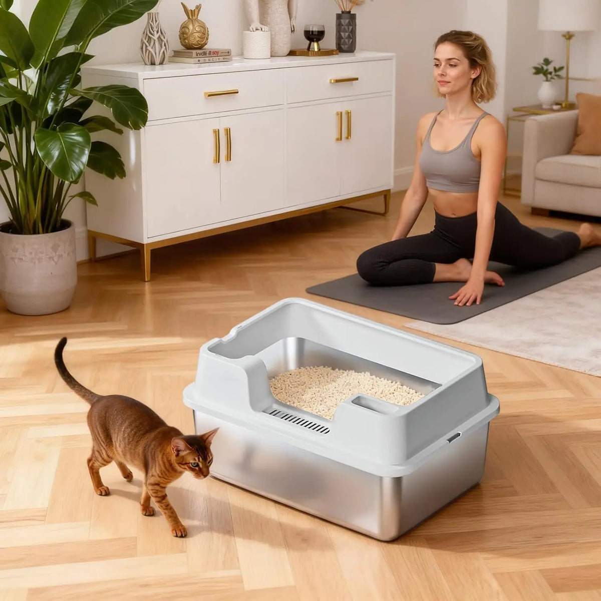 HiMISS Stainless Steel Cat Litter Box with Nonstick Base