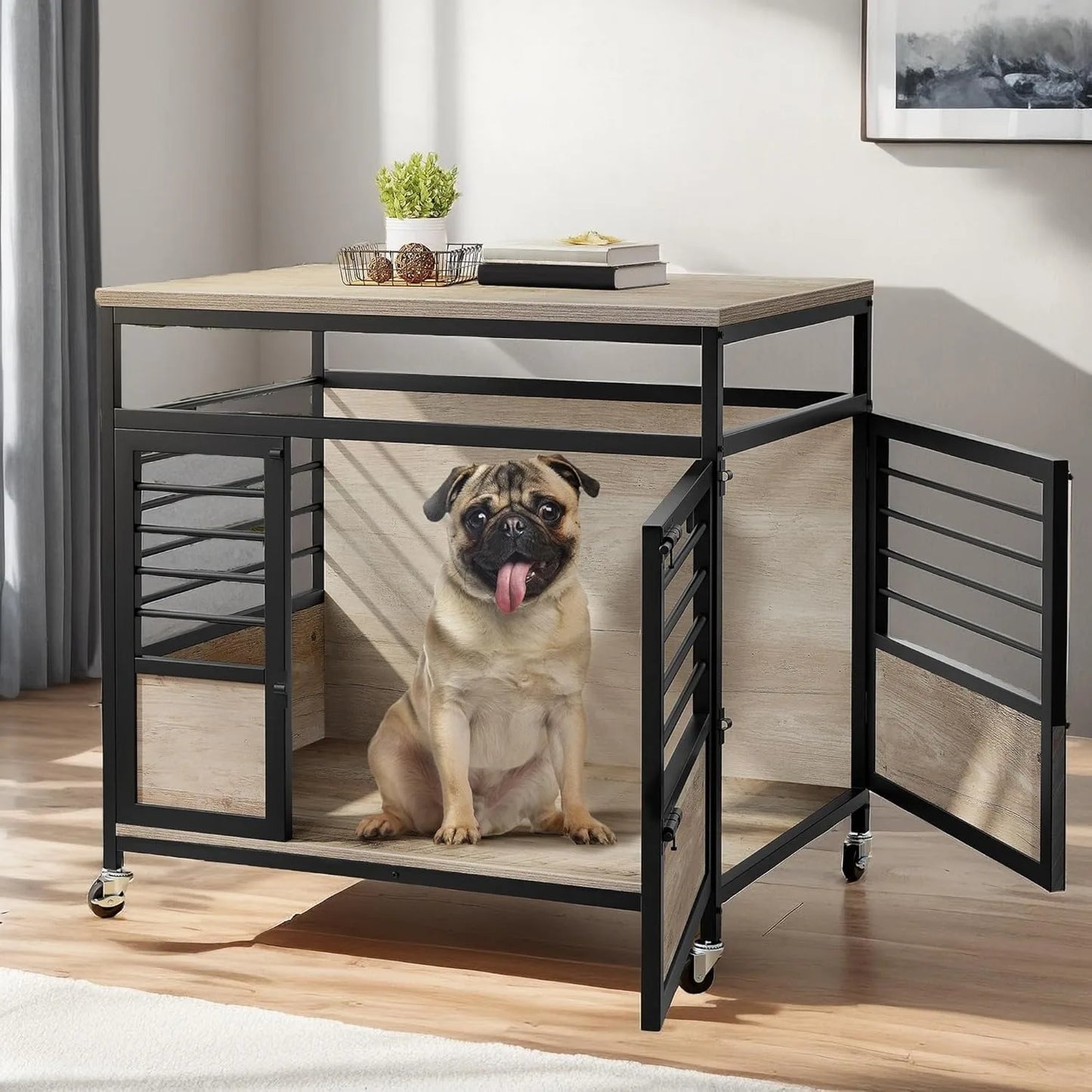 ZUIJI Heavy Duty Wooden Dog Crate Table With Wheels