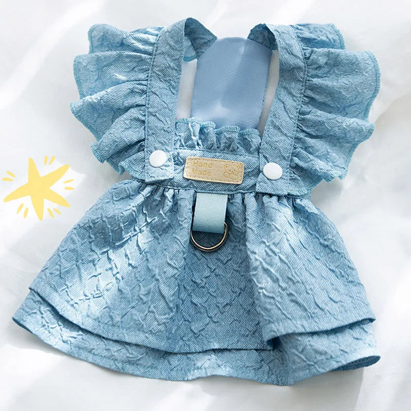 Hoopreety Denim Dog Dresses With Leash Ring Flying Sleeves