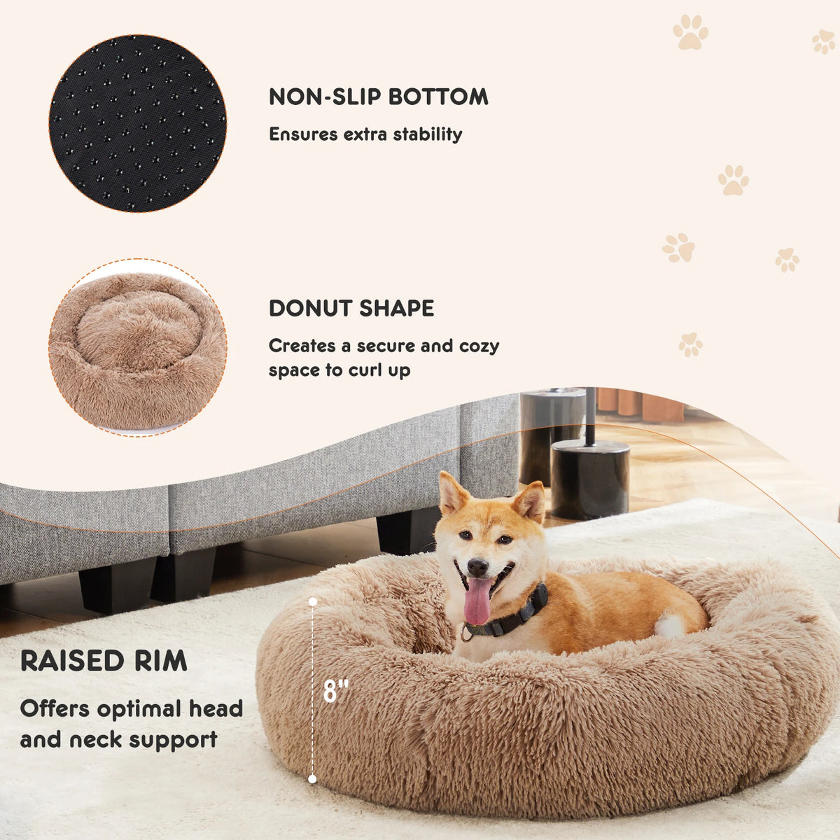 JHK Washable Calming Plush Faux Fur Dog Bed with Grip