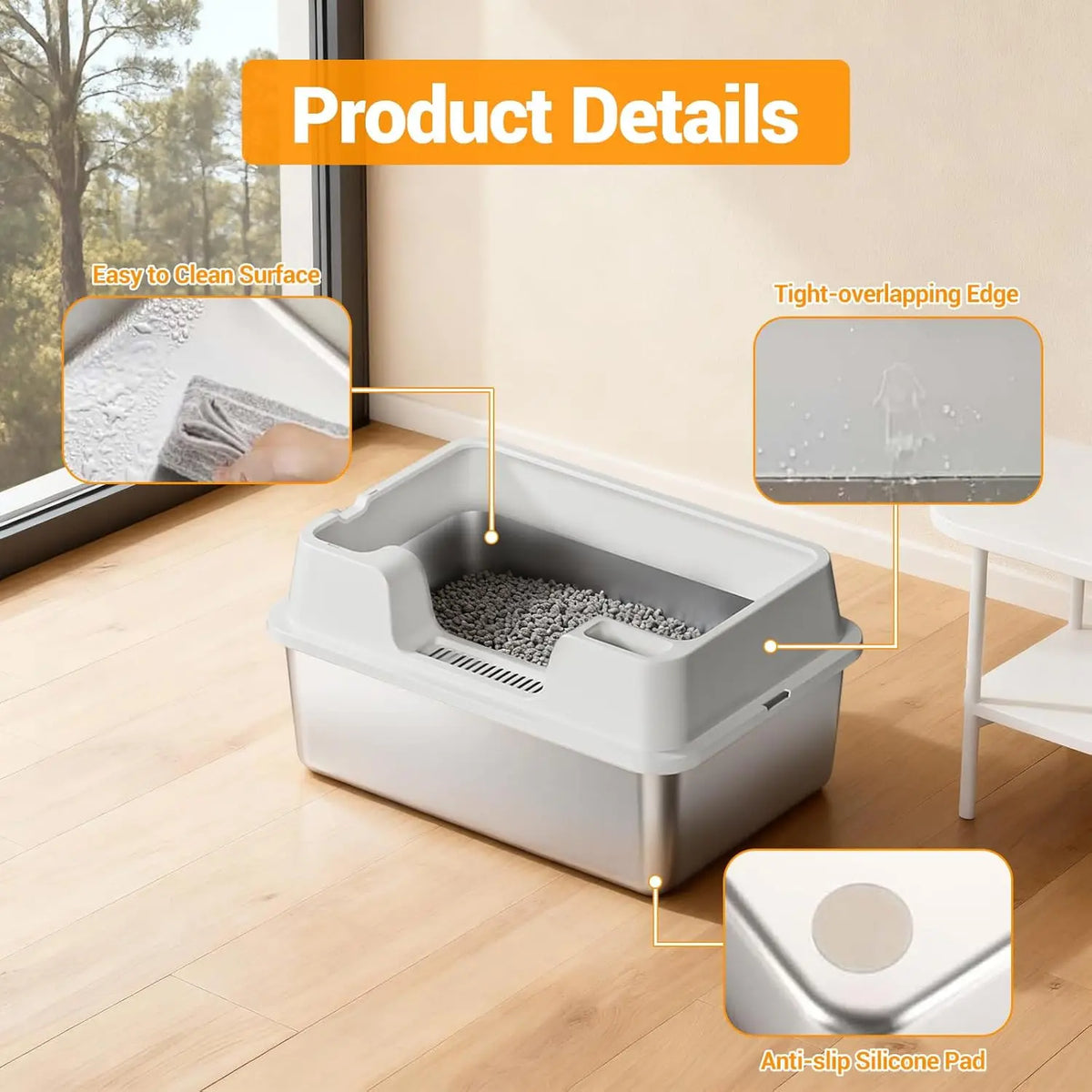 HiMISS Stainless Steel Cat Litter Box with Nonstick Base