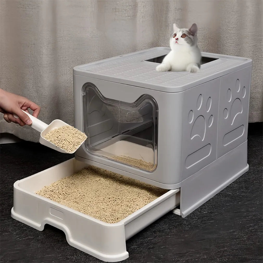 Easy Clean Cat Litter Box with Drawer and Splash Guard