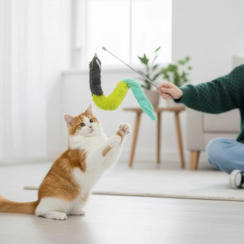 Breakaway Plush Cat Wand Toy With Ribbons And Jute