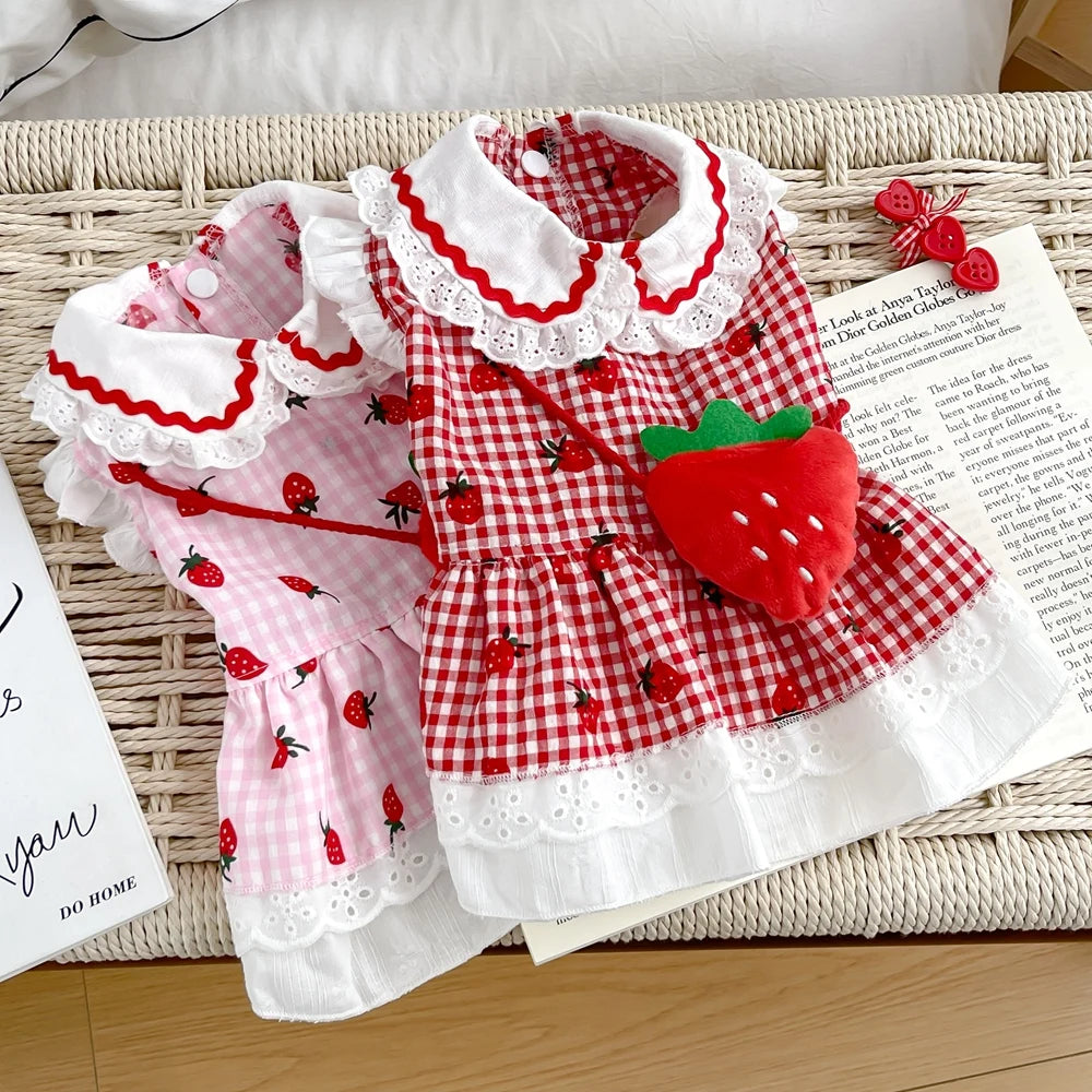 Elfidog Strawberry Dog Dress Cute Summer Plaid Apparel