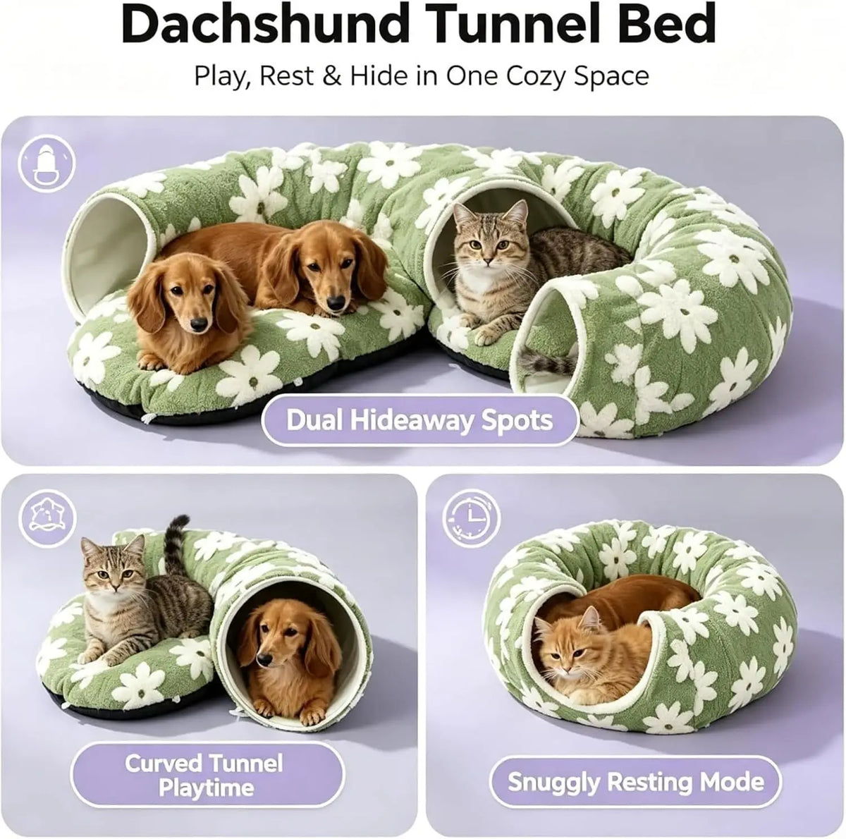 Dachshund Tunnel Bed Flower Design Plush Foldable Dog Bed