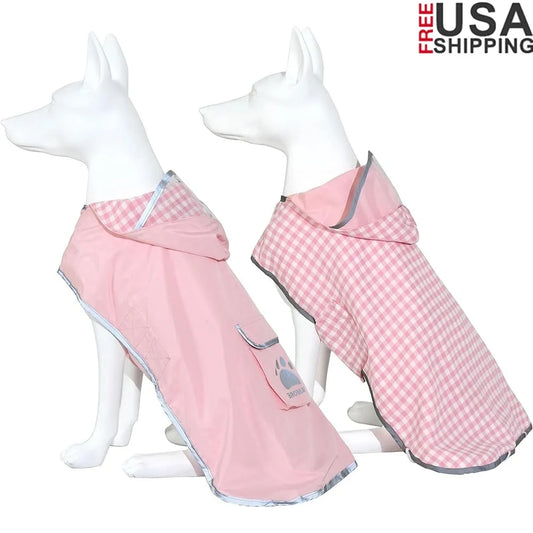 Waterproof Reversible Dog Raincoat Slicker with Reflective Trim Hood Leash Hole Outdoor Use