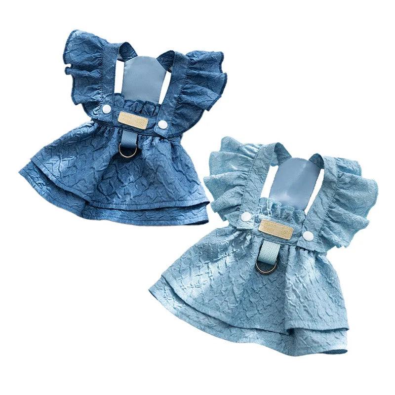 Hoopreety Denim Dog Dresses With Leash Ring Flying Sleeves