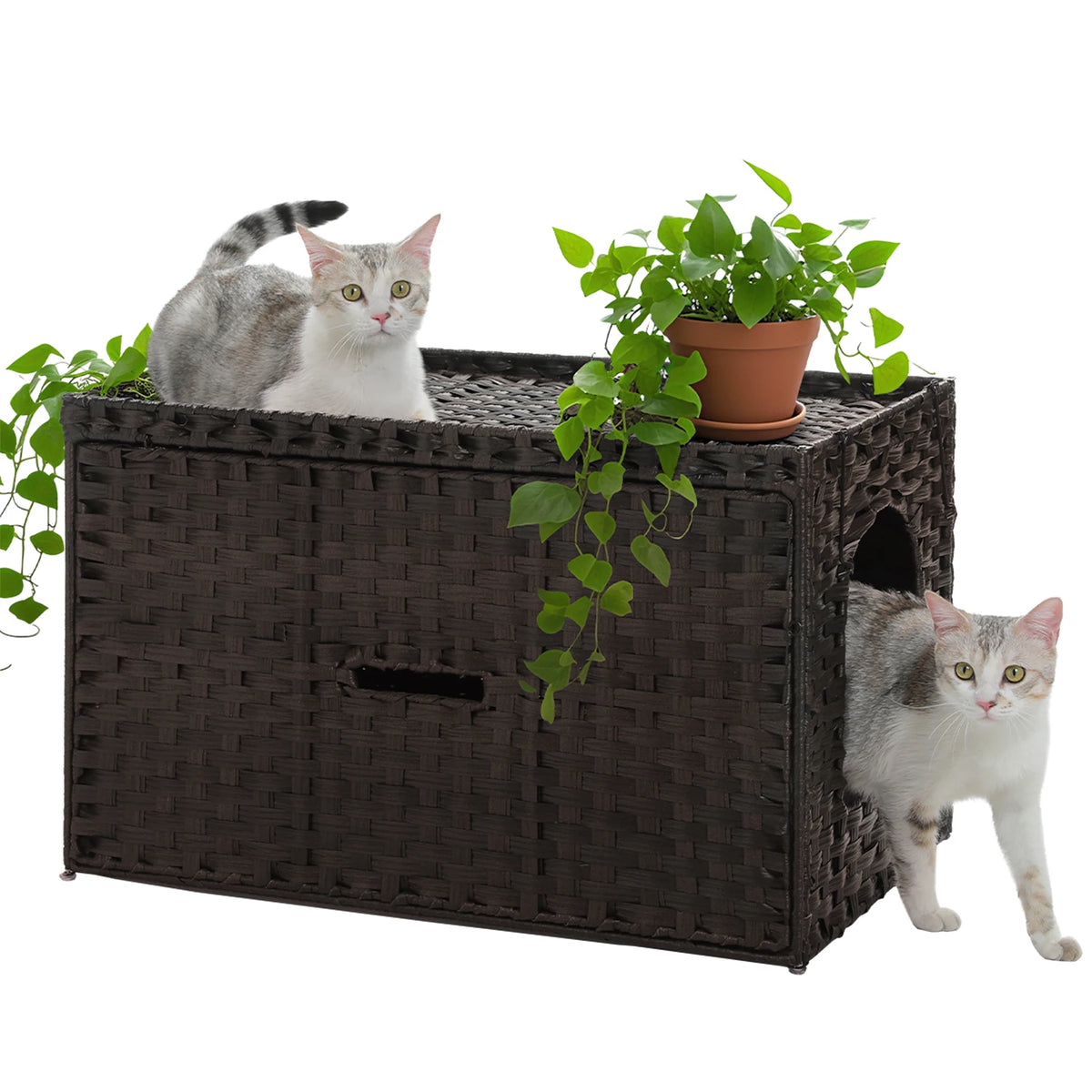 PEQULTI Rattan Cat Litter Box Enclosure with Flip Up Door