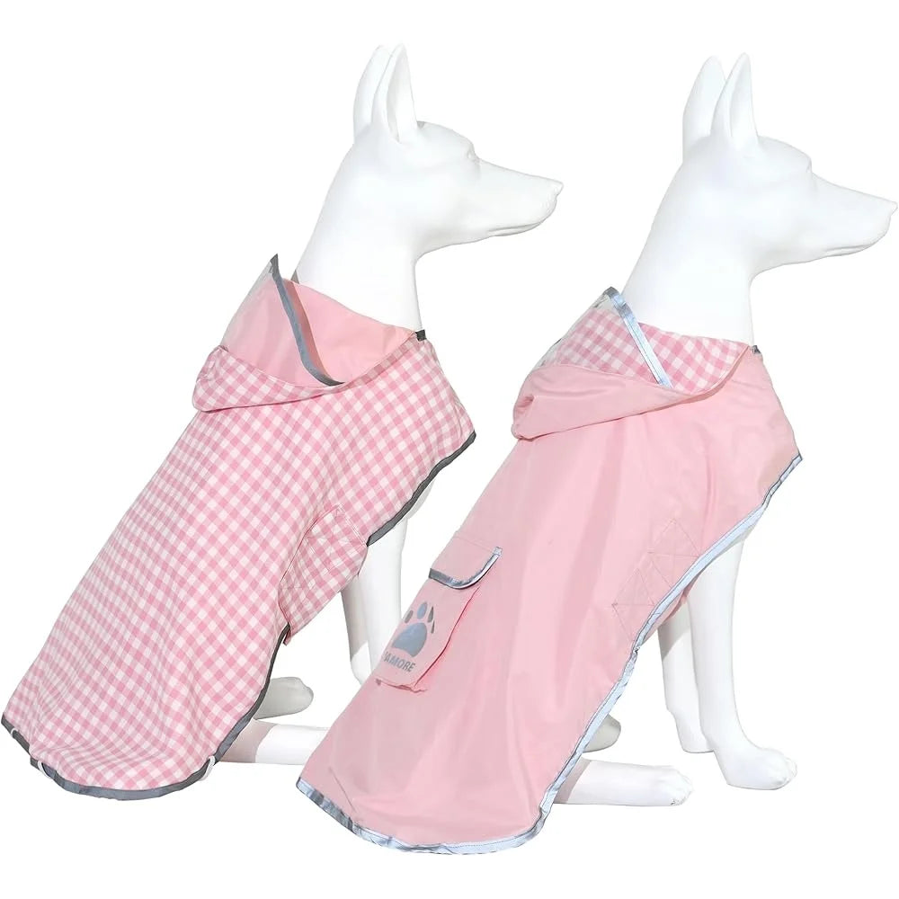Waterproof Reversible Dog Raincoat Slicker with Reflective Trim Hood Leash Hole Outdoor Use