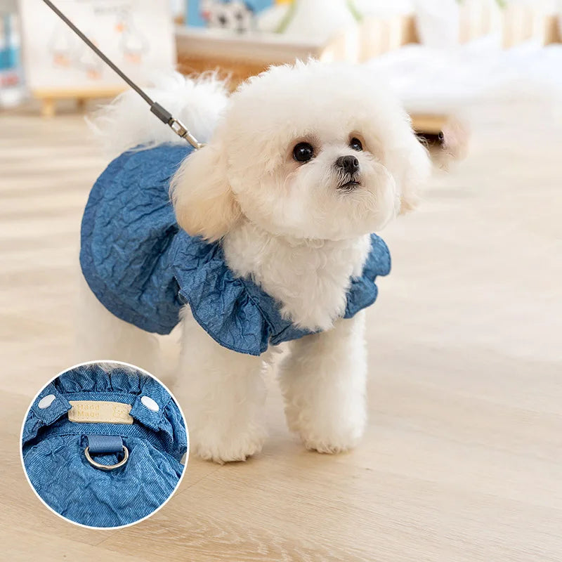 Hoopreety Denim Dog Dresses With Leash Ring Flying Sleeves