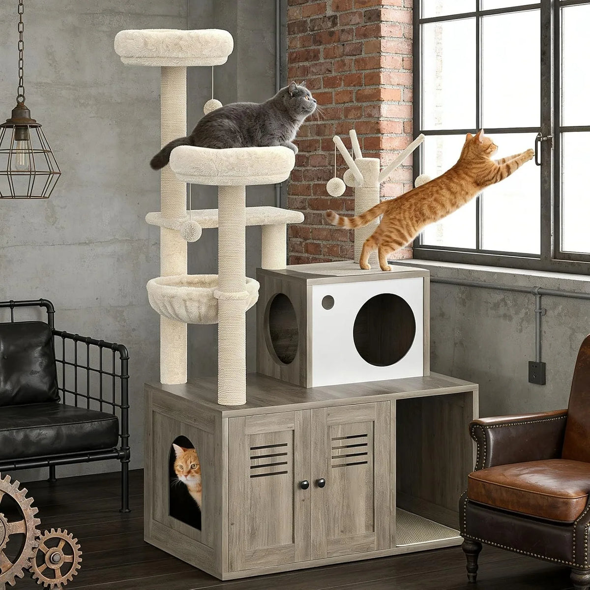 Modern Cat Tower With Hidden Litter Box Cabinet And Perches