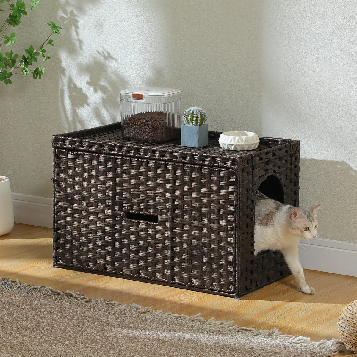 PEQULTI Rattan Cat Litter Box Enclosure with Flip Up Door