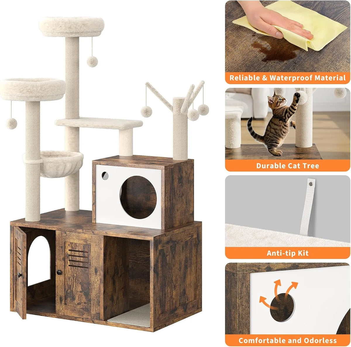 Modern Cat Tower With Hidden Litter Box Cabinet And Perches
