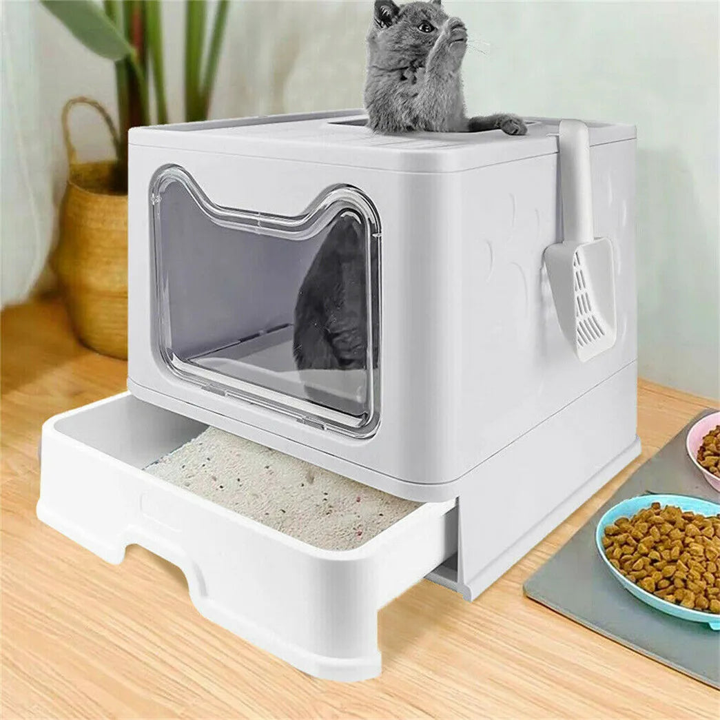 Easy Clean Cat Litter Box with Drawer and Splash Guard