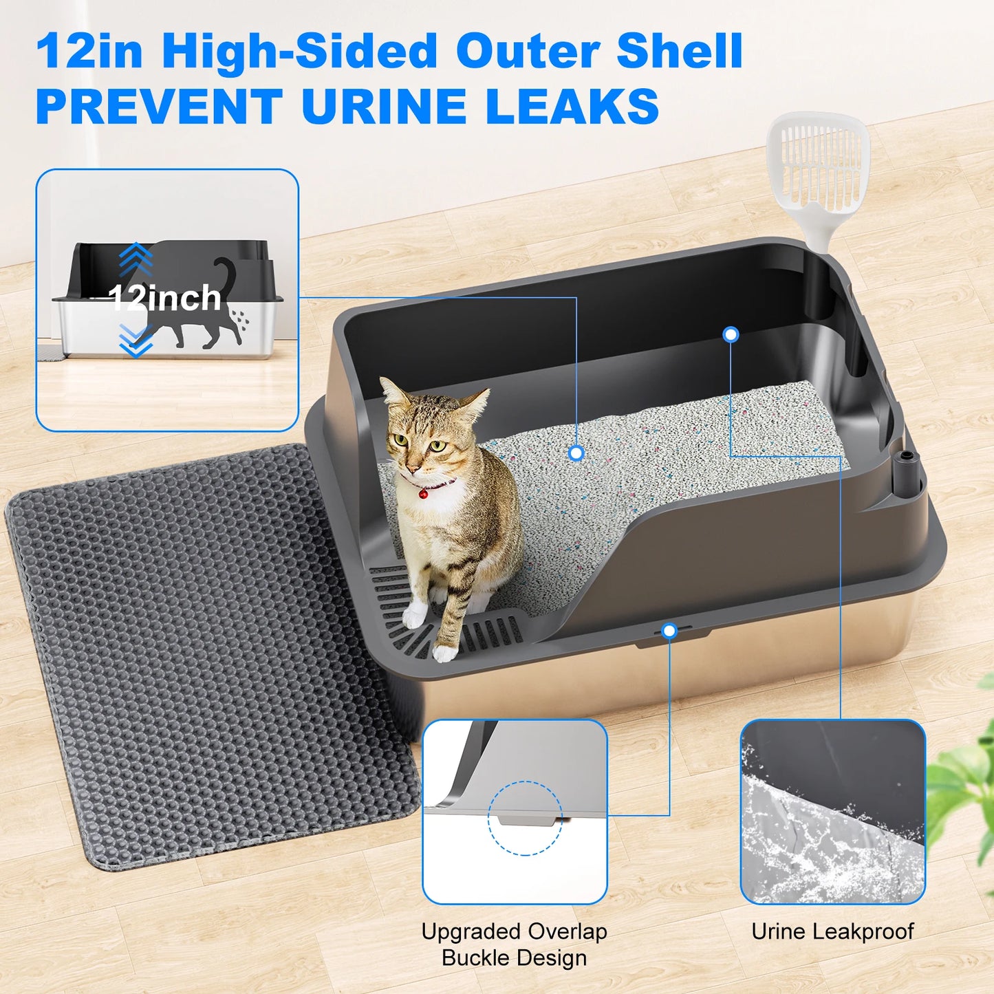 Stainless Steel Cat Litter Box Semi Closed Splash Proof Leakproof