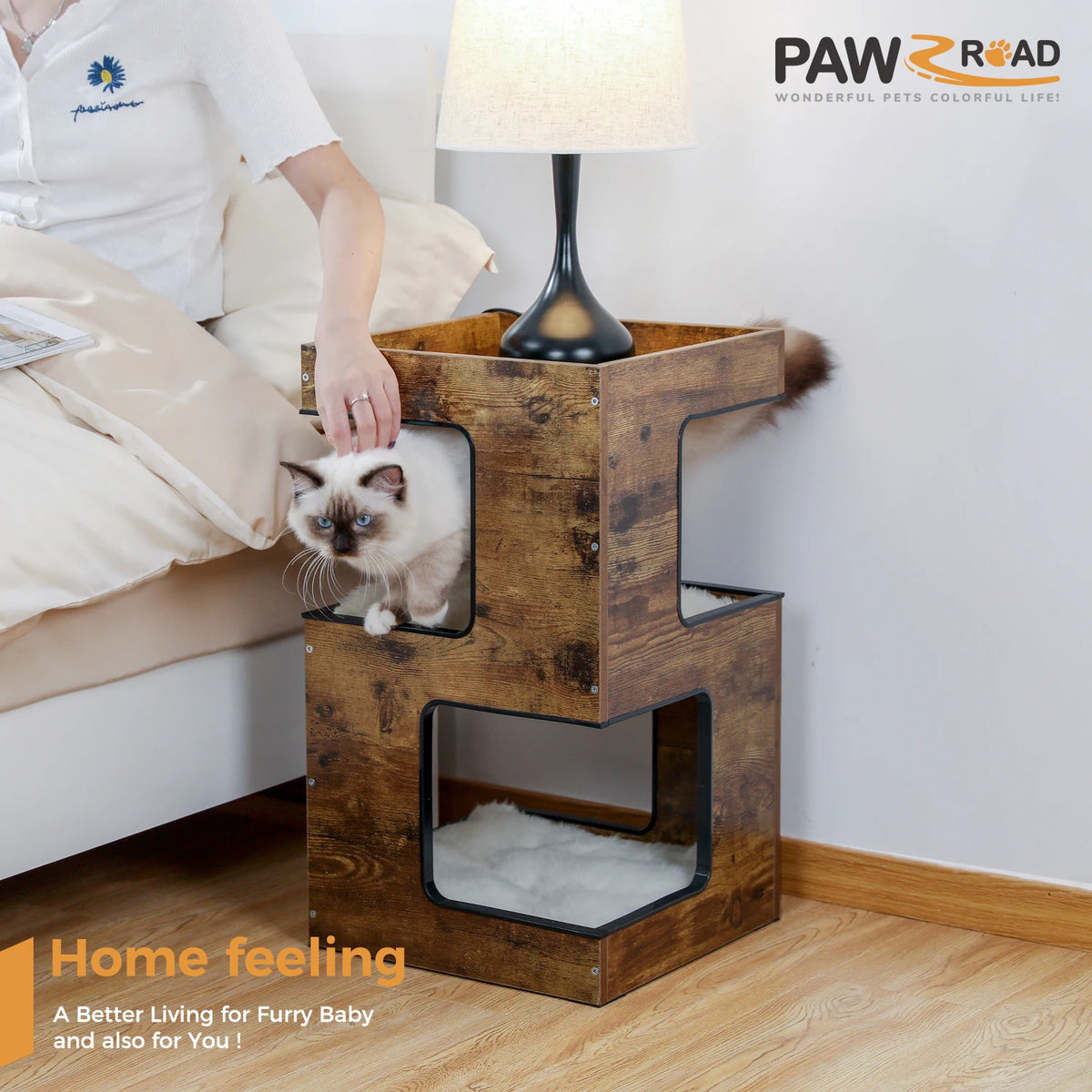 PAWZ Road Wooden Cat Condo Bed with Scratching Pad