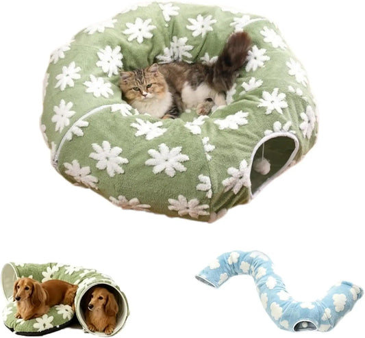 Dachshund Tunnel Bed Flower Design Plush Foldable Dog Bed
