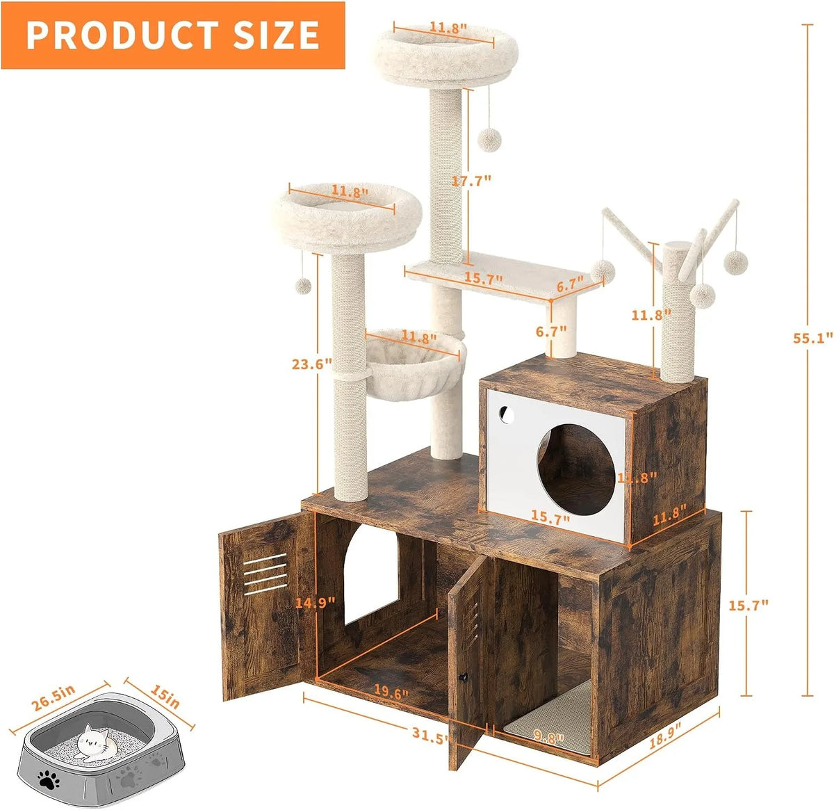 Modern Cat Tower With Hidden Litter Box Cabinet And Perches