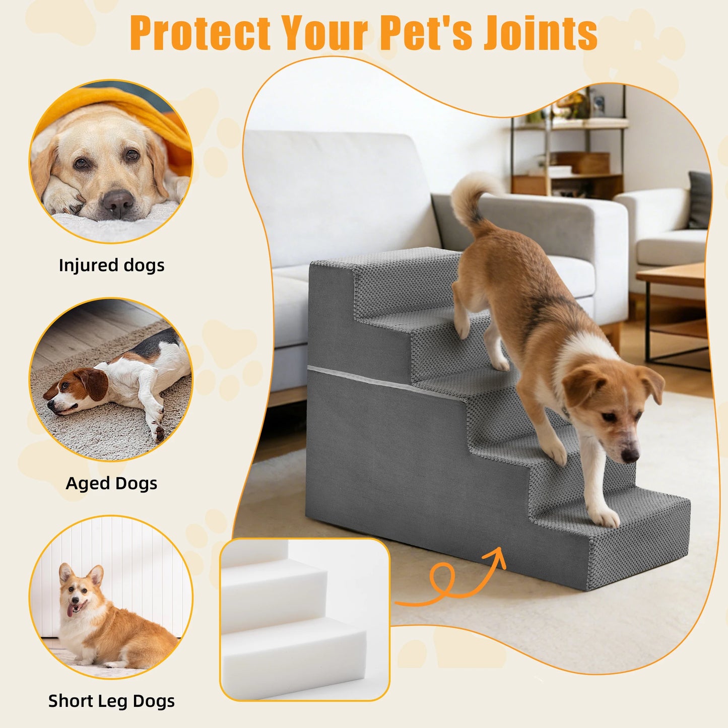 JHK 3-5 Step Right Angled Foam Dog Stairs Ramp Indoor