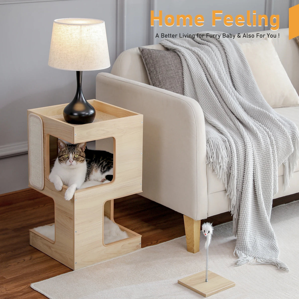 PAWZ Road Wooden Cat Condo Bed with Scratching Pad