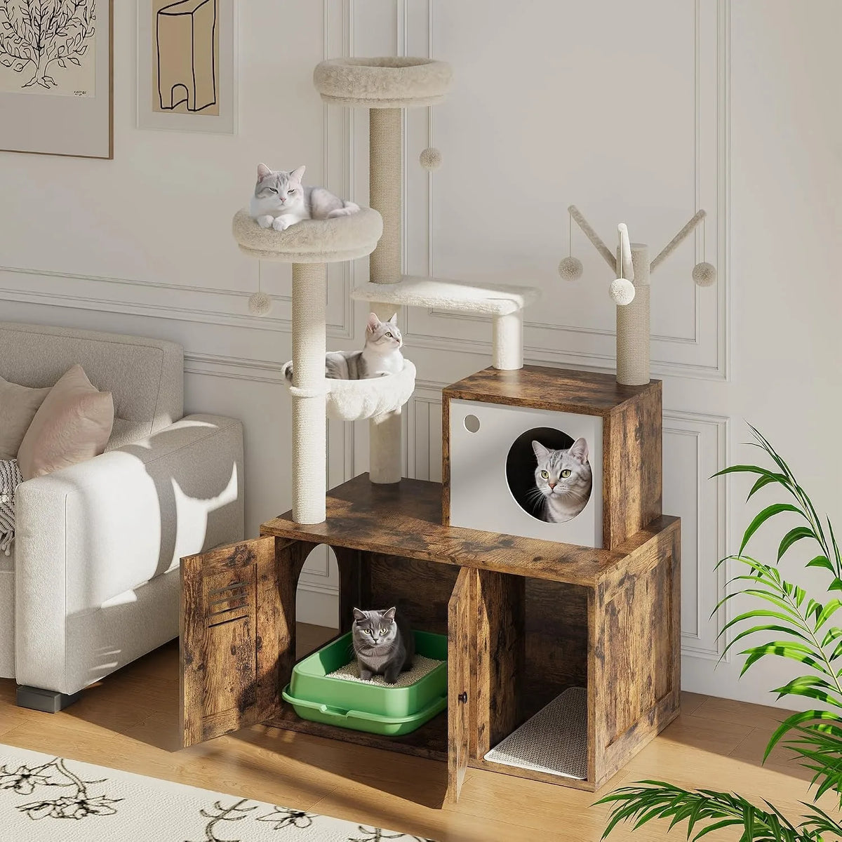 Modern Cat Tower With Hidden Litter Box Cabinet And Perches