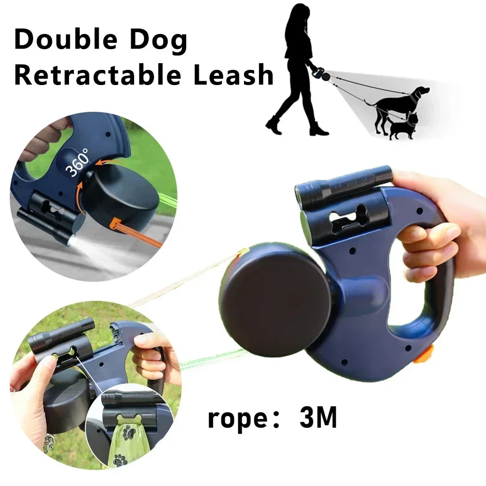 Double Headed Dog Leash With LED Light And 360 Degree Swivel