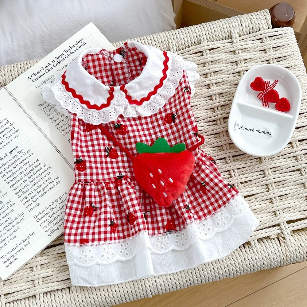 Elfidog Strawberry Dog Dress Cute Summer Plaid Apparel