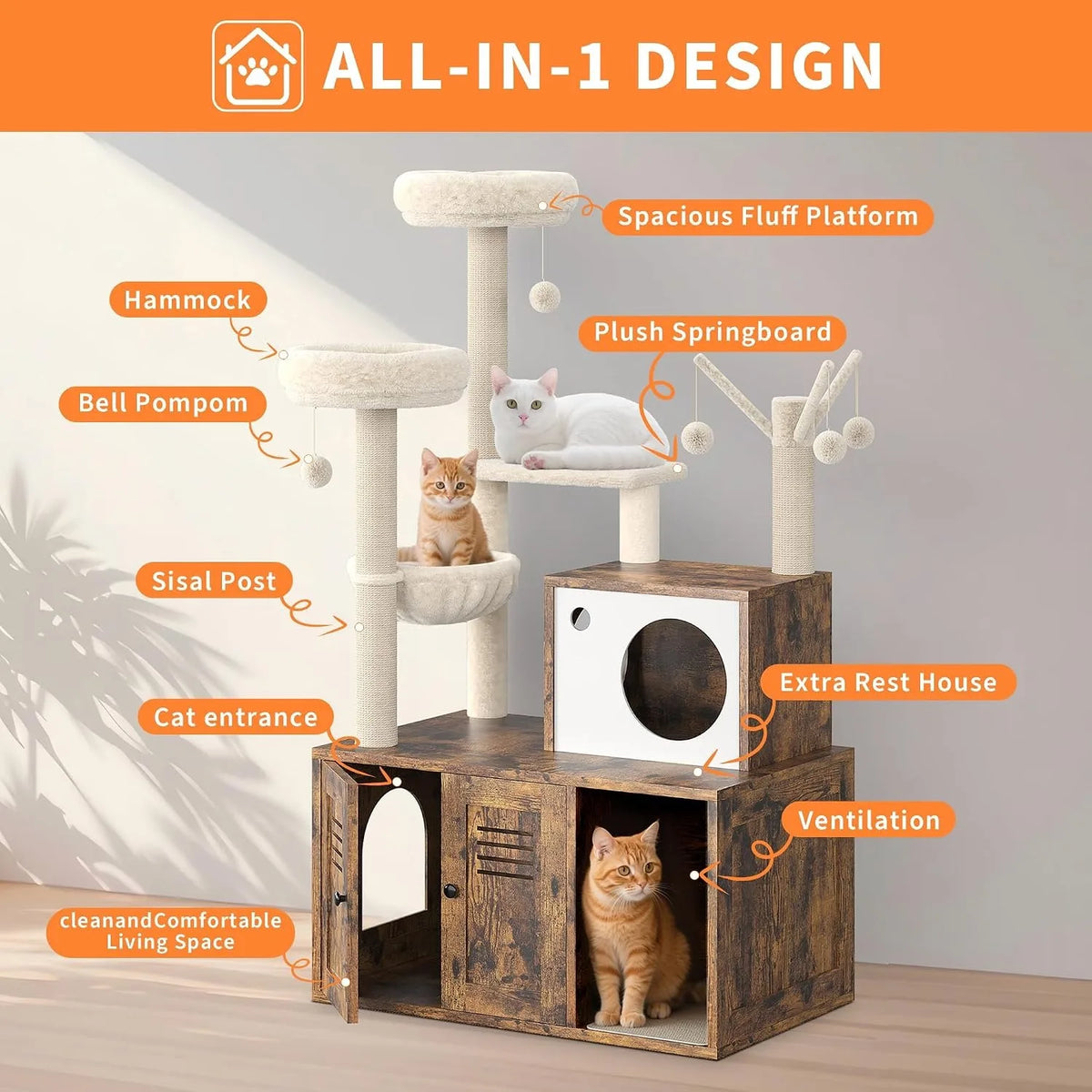 Modern Cat Tower With Hidden Litter Box Cabinet And Perches