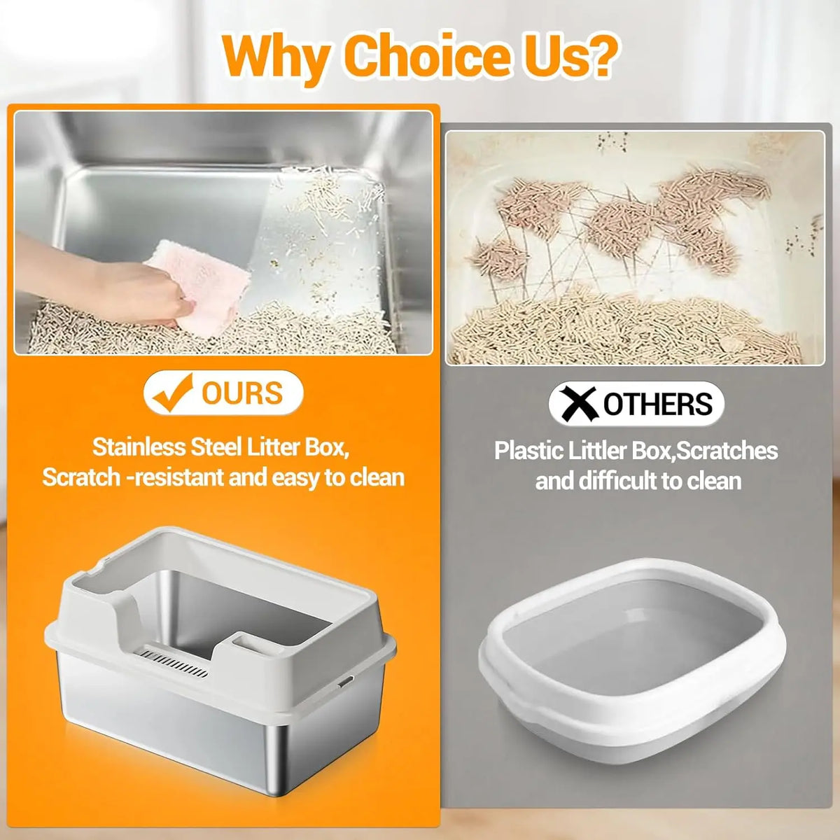HiMISS Stainless Steel Cat Litter Box with Nonstick Base