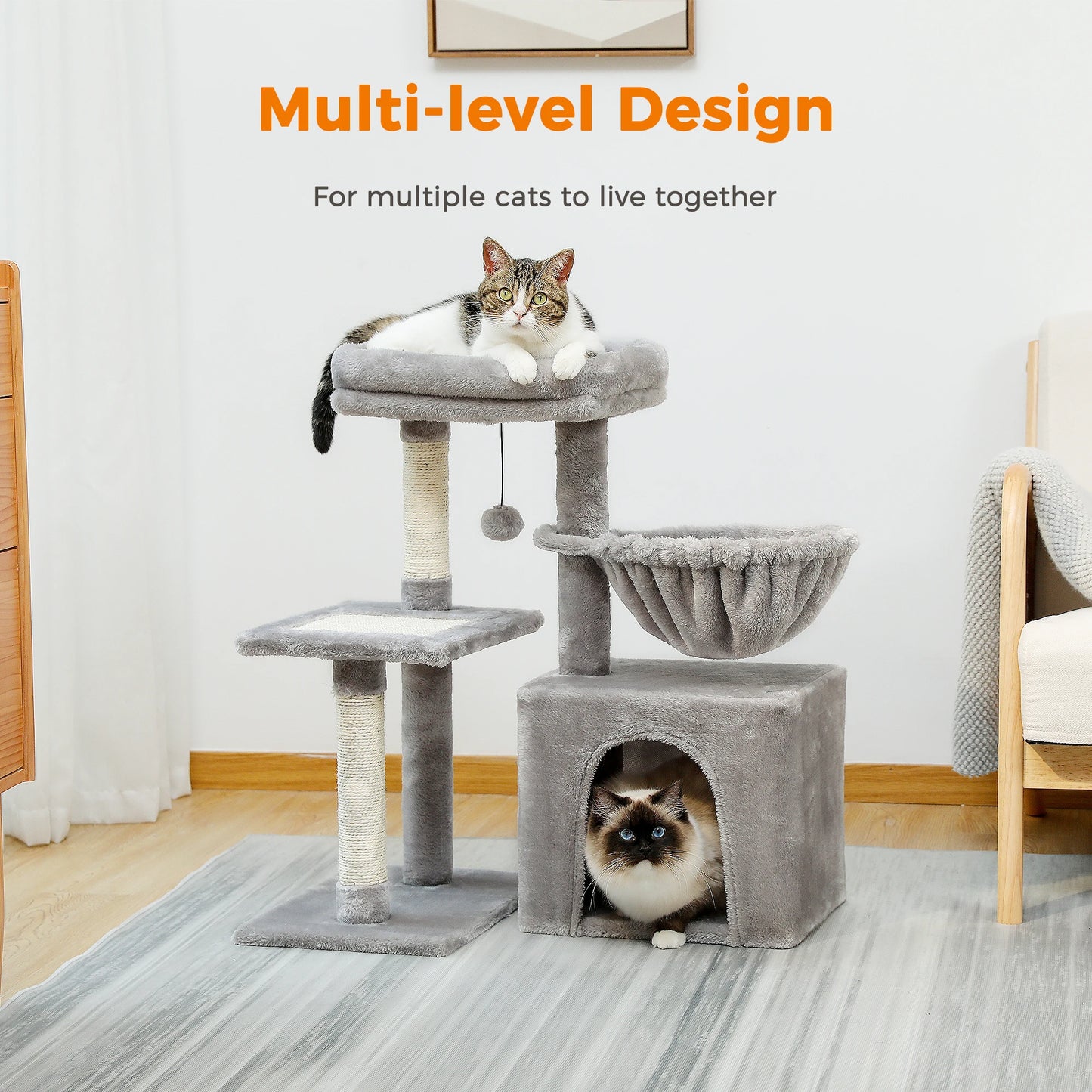 H73CM 2in1 Small Cat Tree Condo for Indoor Funny Sisal-Covered Scratching Post and Board for Kitten Large Top Perch Cozy Hummock