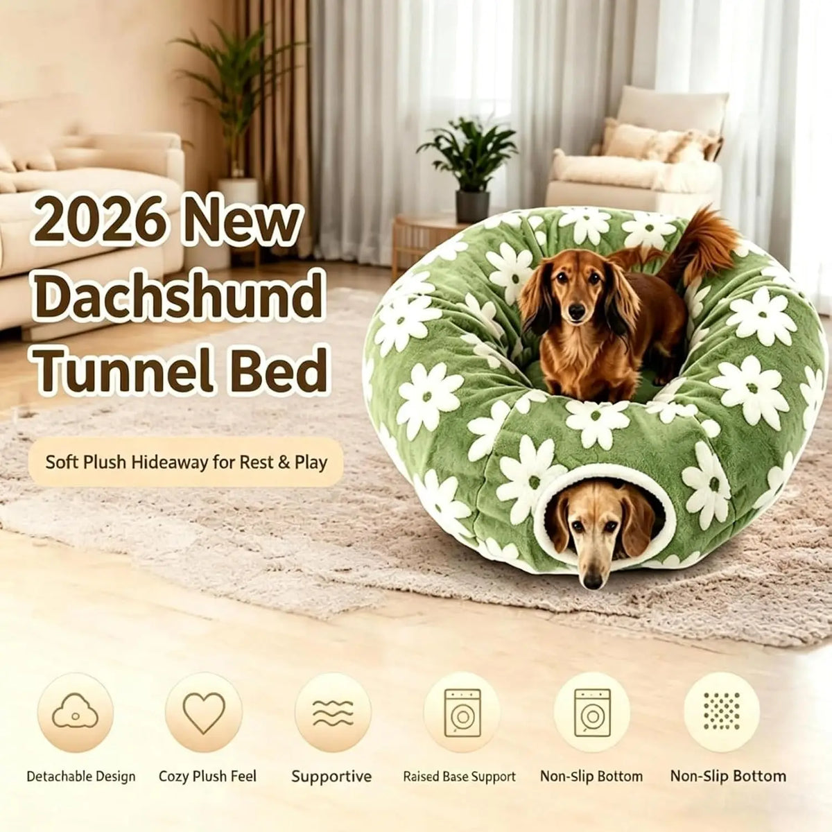 Dachshund Tunnel Bed Flower Design Plush Foldable Dog Bed