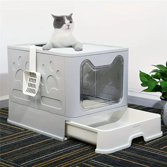 Easy Clean Cat Litter Box with Drawer and Splash Guard