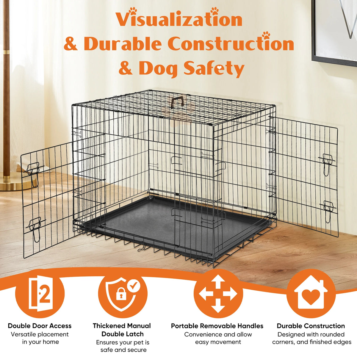 JHK Folding Metal Wire Dog Crate With Leakproof Pan Tray