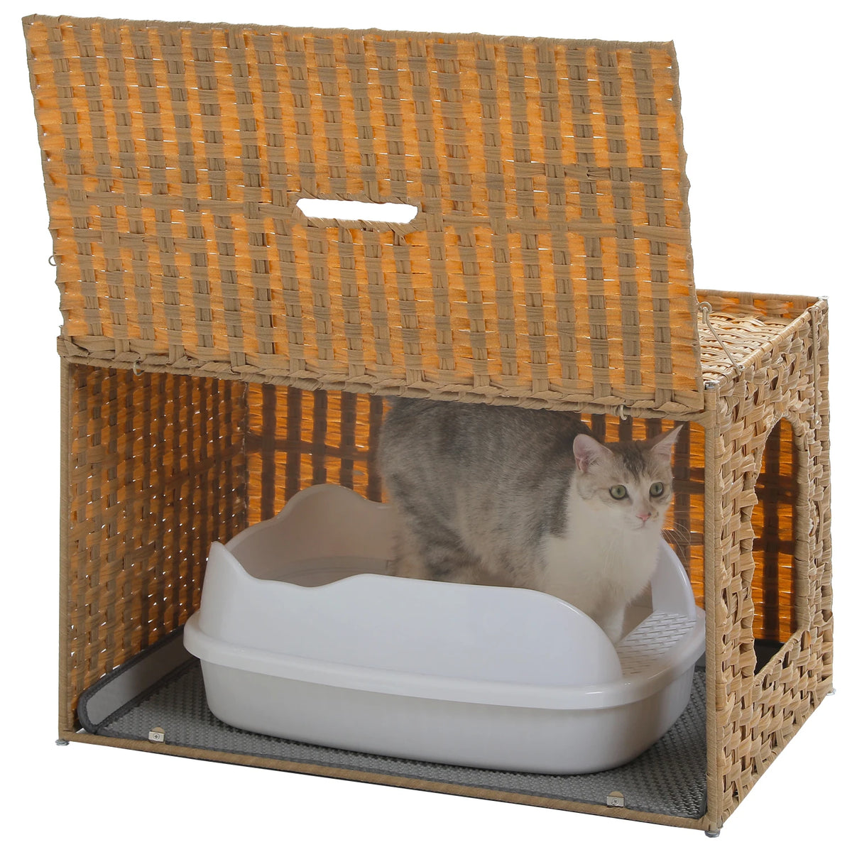 PEQULTI Rattan Cat Litter Box Enclosure with Flip Up Door