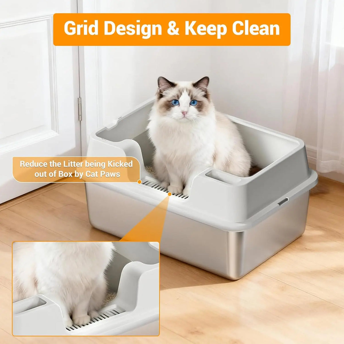 HiMISS Stainless Steel Cat Litter Box with Nonstick Base