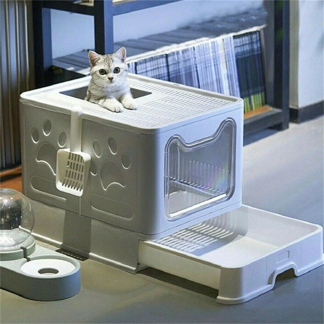 Easy Clean Cat Litter Box with Drawer and Splash Guard
