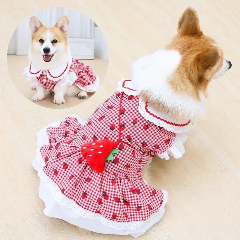 Elfidog Strawberry Dog Dress Cute Summer Plaid Apparel