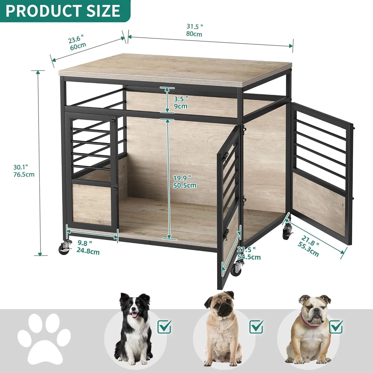 ZUIJI Heavy Duty Wooden Dog Crate Table With Wheels